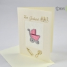 Gestickte Geburtskarte creme mit rosa Kinderwagen