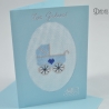 Gestickte Geburtskarte blau mit Kinderwagen in blau