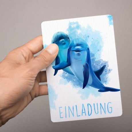 10 Einladungskarten Delfine blau GLITZER inkl. 10 Briefumschlägen