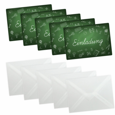 5 Einladungskarten Einschulung Tafel inkl. 5 transp. Briefumschl.