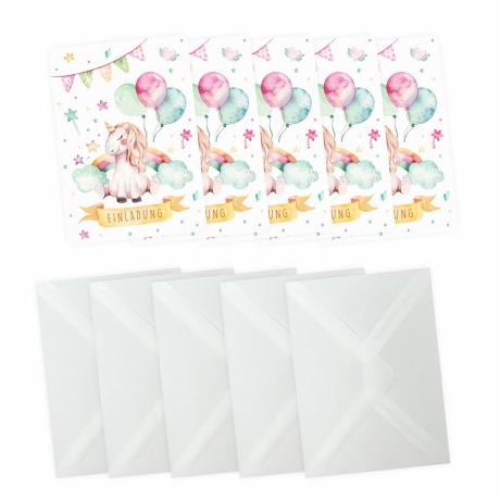 10 Einladungskarten Einhorn Glitzer inkl. 10 transp. Briefumschl.