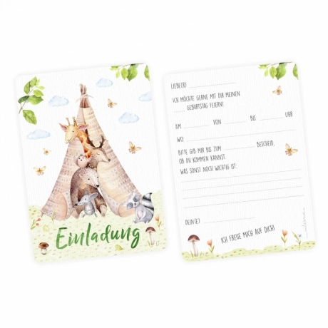 10 Einladungskarten Tipi Tierfreunde + 10 transp. Briefumschl.