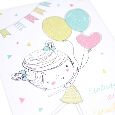 5 Einladungsk. Einschulung Mädchen GLITZER inkl. 5 Briefumschl.
