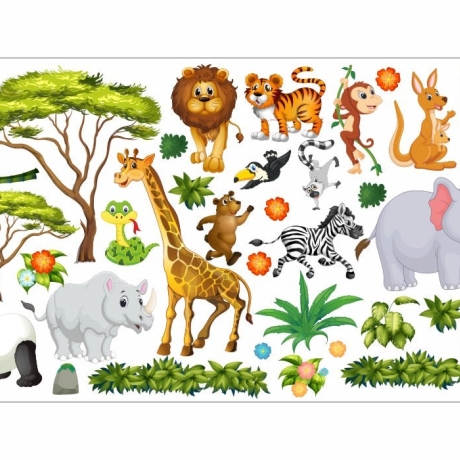 060 Wandtattoo Dschungel Tiere Löwe Elefant Savanne Baum Panda