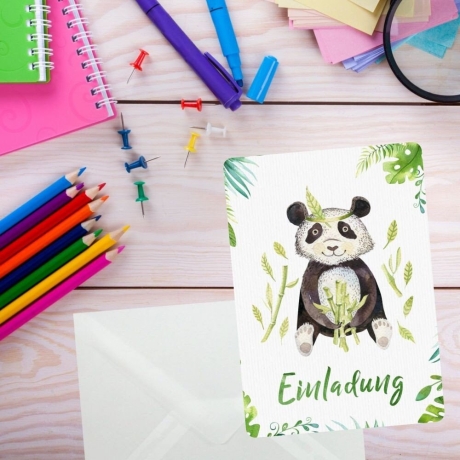10 Einladungskarten Panda Dschungel inkl. 10 Transp. Briefumschl.