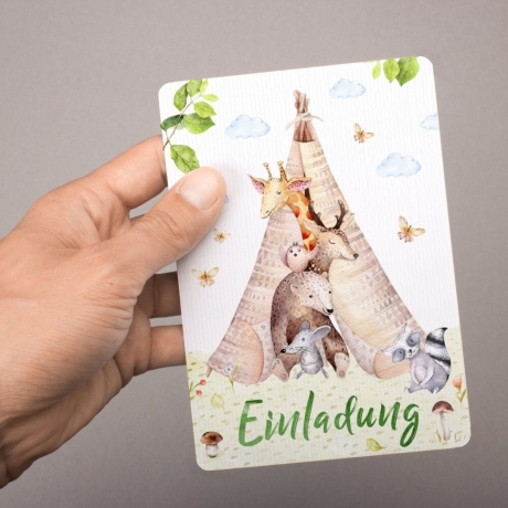 10 Einladungskarten Tipi Tierfreunde + 10 transp. Briefumschl.