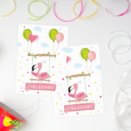 10 Einladungskarten Flamingo GLITZER inkl. 10 transp Briefumschl.