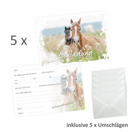 5 Einladungskarten Pferde inkl. 5 transparenten Briefumschl.