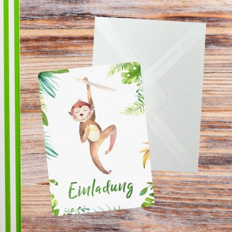 10 Einladungskarten Affe Dschungel + 10 Transpar. Briefumschl.