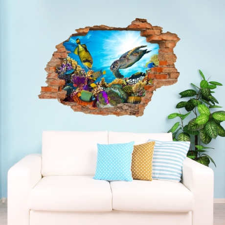 035 Wandtattoo Loch in der Wand Unterwasserwelt Schildkröte Meer