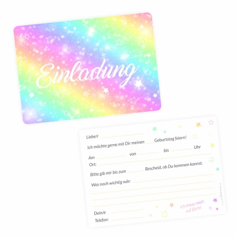 10 Einladungskarten Regenbogen GLITZER inkl. 10 transp. Briefen