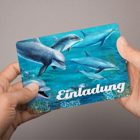 10 Einladungskarten Delfine mit GLITZER inkl. 10 Briefumschlägen