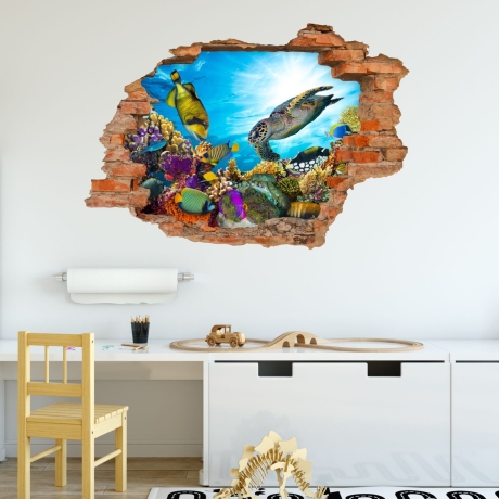 035 Wandtattoo Loch in der Wand Unterwasserwelt Schildkröte Meer