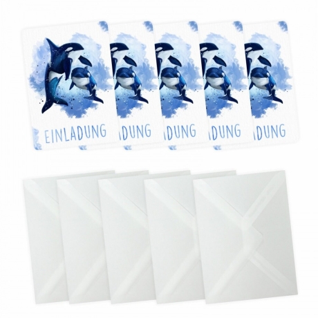 5 Einladungskarten Orca blau GLITZER inkl. 5 Briefumschläge
