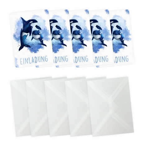 10 Einladungskarten Orca blau GLITZER inkl. 10 Briefumschläge