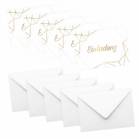 10 Klapp-Einladungskarten Linien Gold + 10 weißen Briefumschl.