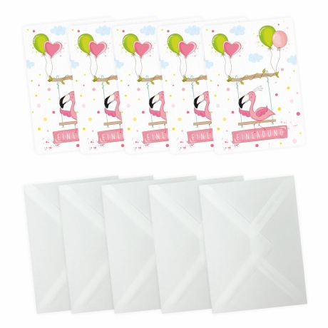 10 Einladungskarten Flamingo GLITZER inkl. 10 transp Briefumschl.