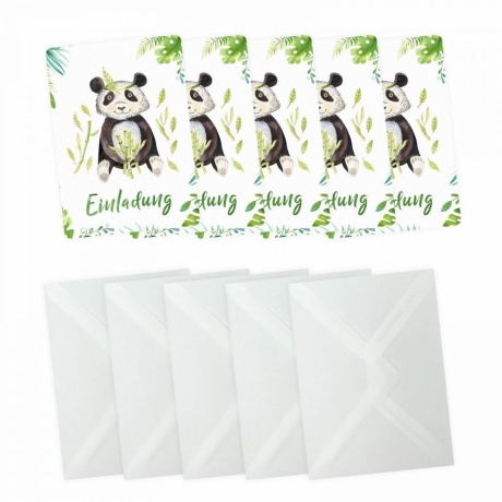 5 Einladungskarten Panda Dschungel inkl. 5 Transp. Briefumschl.
