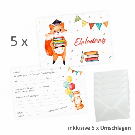 5 Einladungskarten Einschulung Fuchs inkl. 5 trans. Briefumschl.