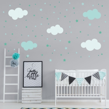 142 Wandtattoo Wolken, Sterne und Punkte Set mint weiß 87 Stück