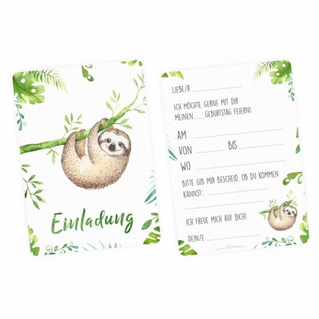 10 Einladungskarten Faultier inkl. 10 transparente Briefumschläge