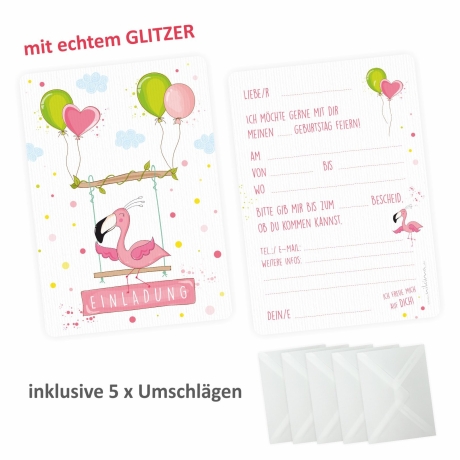 5 Einladungskarten Flamingo GLITZER inkl. 5 transp Briefumschl.