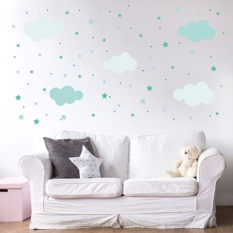 142 Wandtattoo Wolken, Sterne und Punkte Set mint weiß 87 Stück