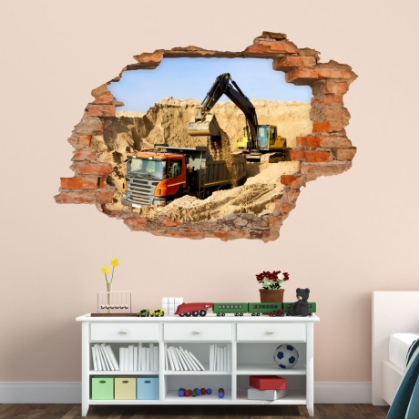 071 Wandtattoo Baustelle Bagger LKW Loch in der Wand