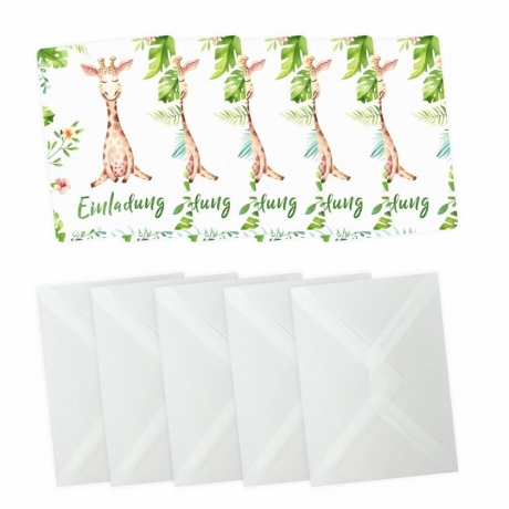 5 Einladungskarten Giraffe Dschungel inkl. 5 Transp. Briefumschl.