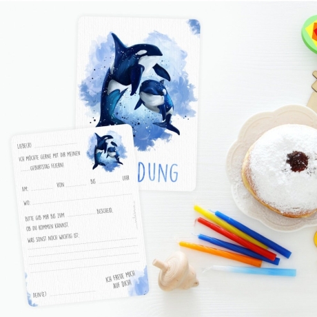5 Einladungskarten Orca blau GLITZER inkl. 5 Briefumschläge