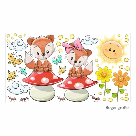 001 Wandtattoo Füchse auf Pilz Kinderzimmer Sticker Aufkleber