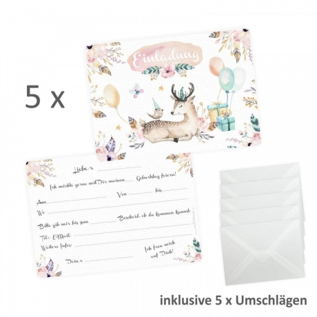 5 Einladungskarten Hirsch Geschenke inkl. 5 Transp. Briefumschl.