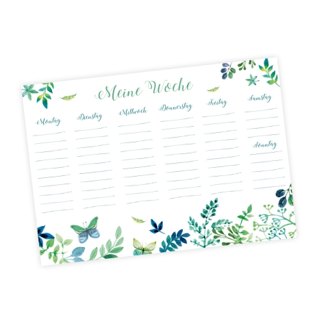 SET Wochenplaner + Einkaufsliste Block Floral grün blau 50 Blatt