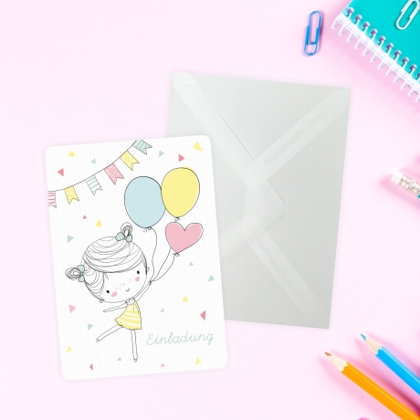 5 Einladungskarten Mädchen Luftballon GLITZER Kindergeburtstag