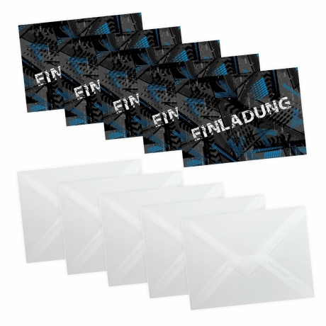 10 coole Einladungskarten Trash blau + 10 transp. Briefumschl.