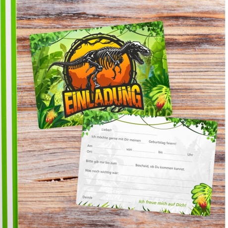 10 Einladungskarten Dinosaurier + 10 transparenten Briefumschl.