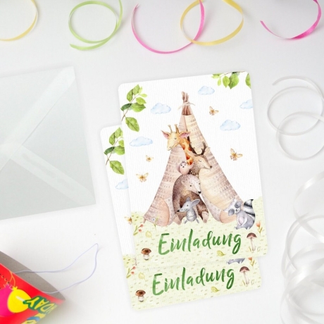 10 Einladungskarten Tipi Tierfreunde + 10 transp. Briefumschl.