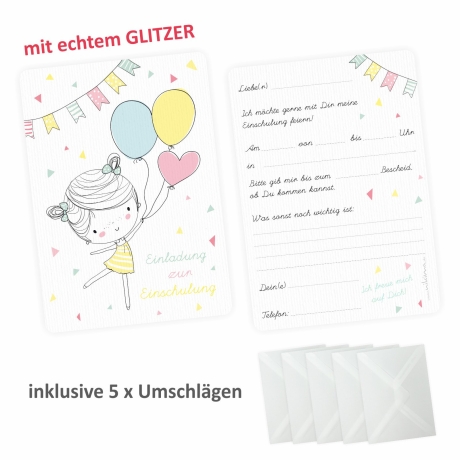 5 Einladungsk. Einschulung Mädchen GLITZER inkl. 5 Briefumschl.