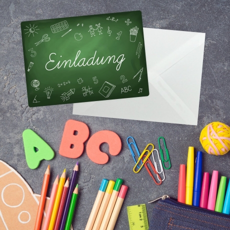 10 Einladungskarten Einschulung Tafel + 10 transp. Briefumschl.