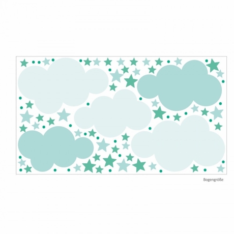 142 Wandtattoo Wolken, Sterne und Punkte Set mint weiß 87 Stück