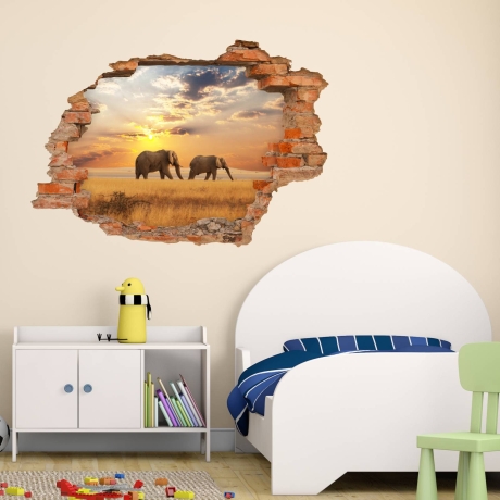 091 Wandtattoo Elefant Sonnenuntergang Savanne - Loch in der Wand