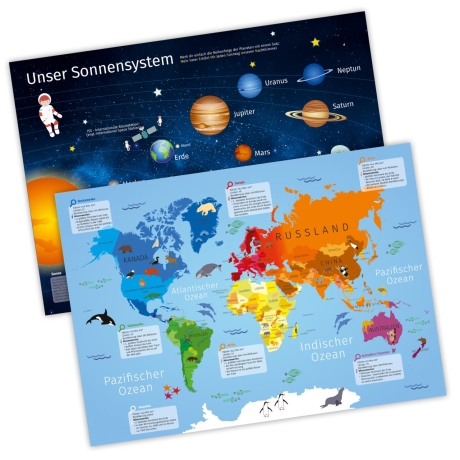 Tischset mit Lerneffekt für 2in1 Weltkarte Weltall Planeten