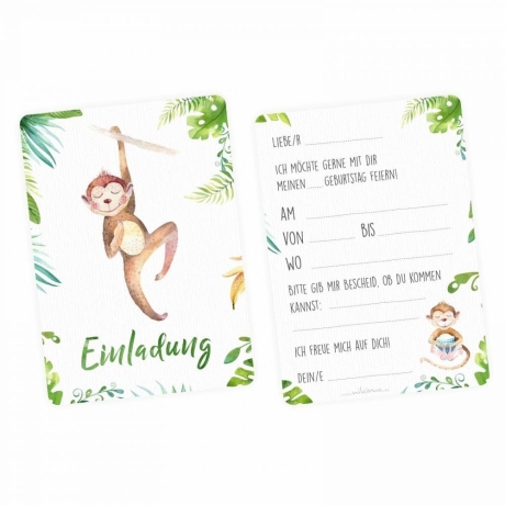 5 Einladungskarten Affe Dschungel inkl. 5 Transpar. Briefumschl.