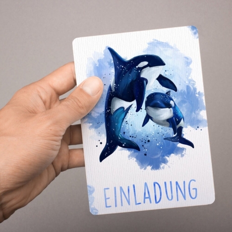 10 Einladungskarten Orca blau GLITZER inkl. 10 Briefumschläge