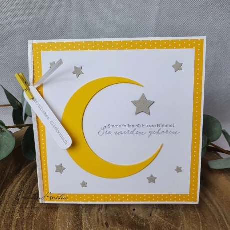Glückwunschkarte zur Geburt, Taufe mit Mond und Sterne in gelb