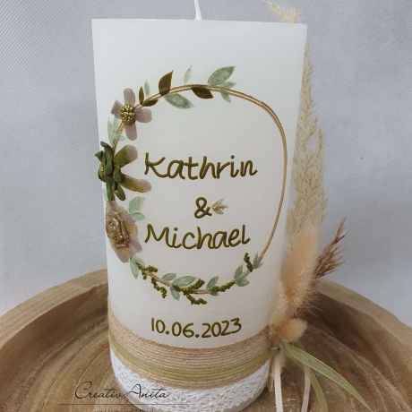 Hochzeitskerze Rustik -Blütenkreis gold-taupe-olive Pampasgras