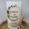 Hochzeitskerze Rustik -Blütenkreis gold-taupe-olive Pampasgras