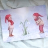 Postkarte Wichtel mit Schneeglöckchen, Waldorf Jahreszeitentisch