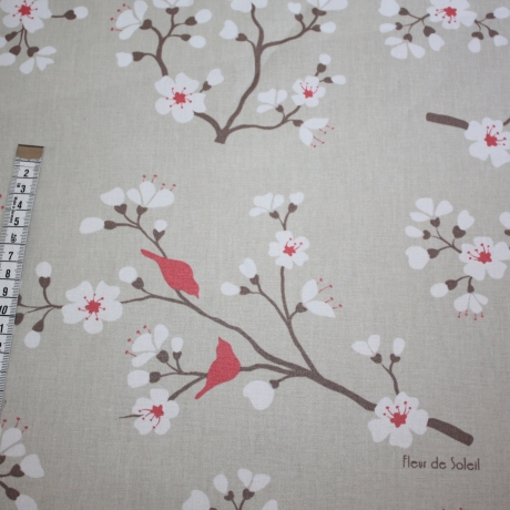 beschichtete Baumwolle Kirschblüte natur koralle Vögel