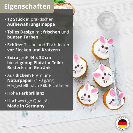 12 Tischsets - Kätzchen aus Zucker - aus extra dickem Naturpapier - Hergestellt in Deutschland